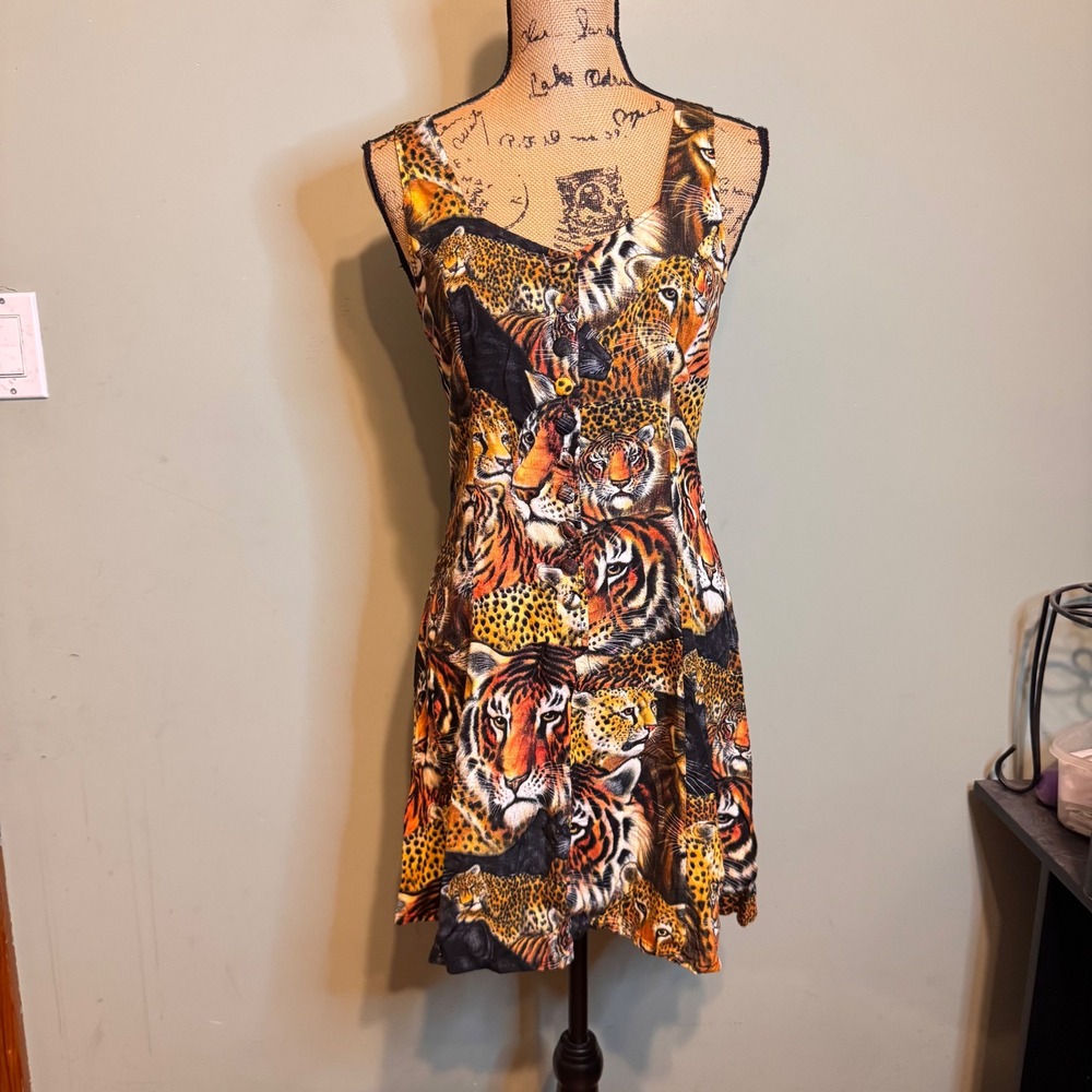 Kosi Bali Collection Big Cat Animal Print Rayon Mini Dress Lace Up Back Small